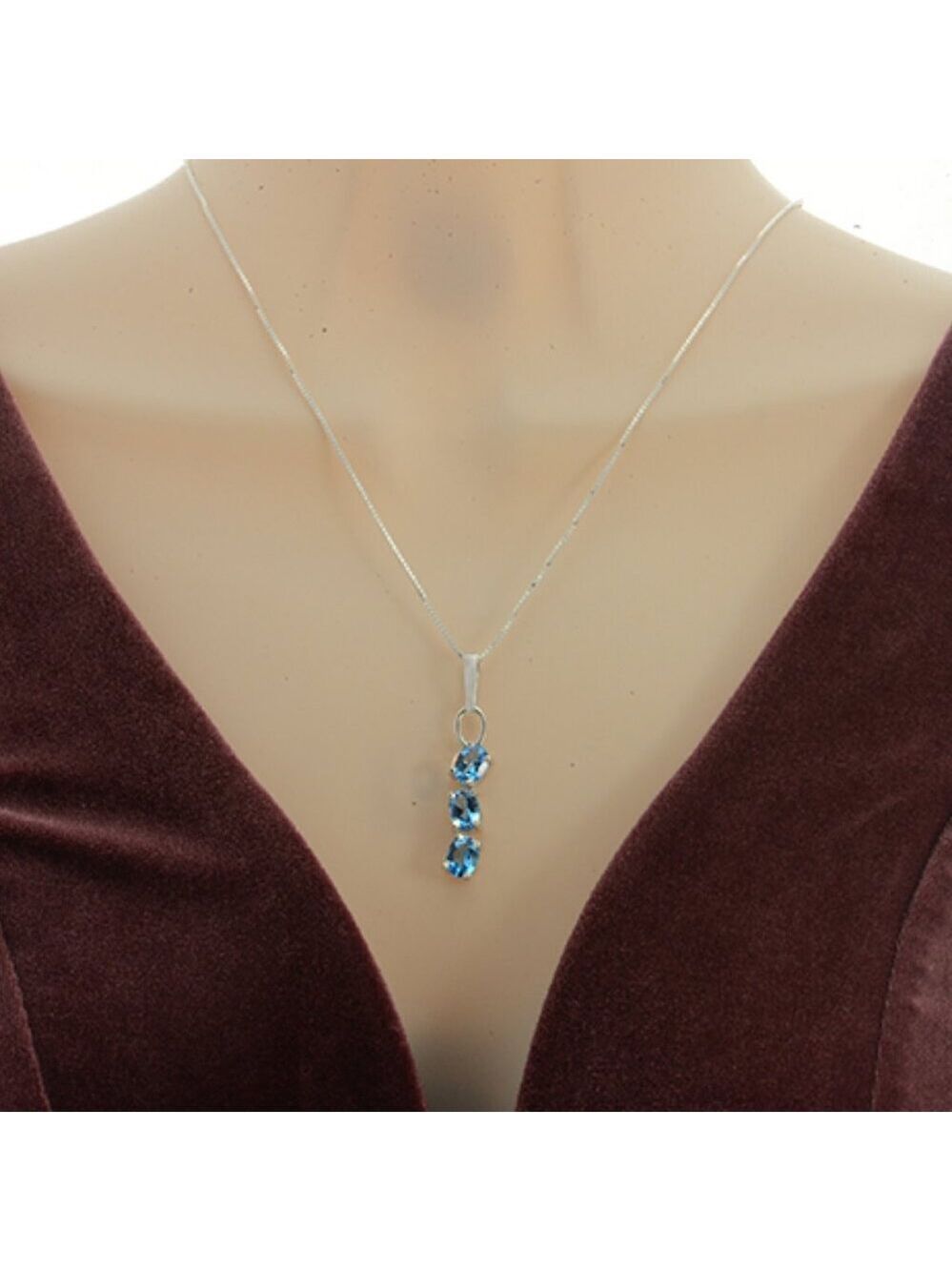 Elegant 3 stone Genuine Blue Topaz Pendant Necklace in Sterling Silver